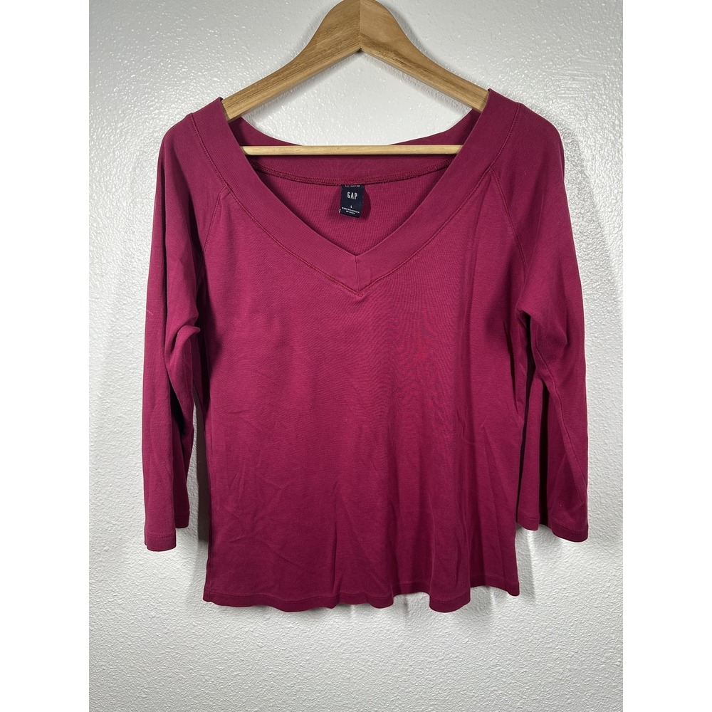 GAP Shirt Womens Large Pink V Neck 3/4 Sleeve Stretch Casual Pullover Top - Picture 6 of 7